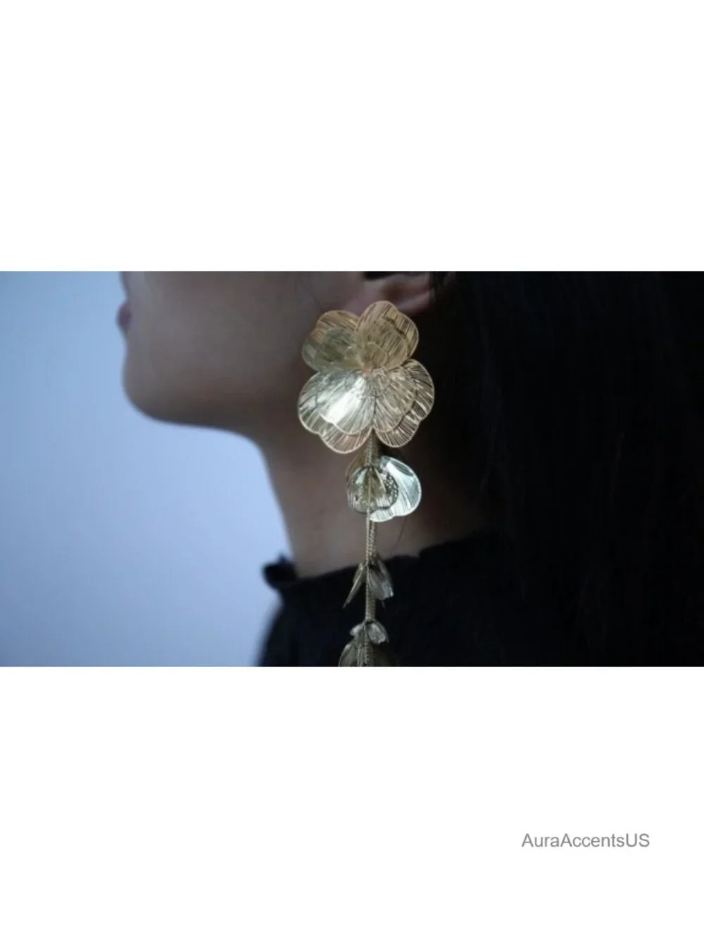 Gold-Tone Filigree Floral Dangle Earrings Long Drop Vintage Statement